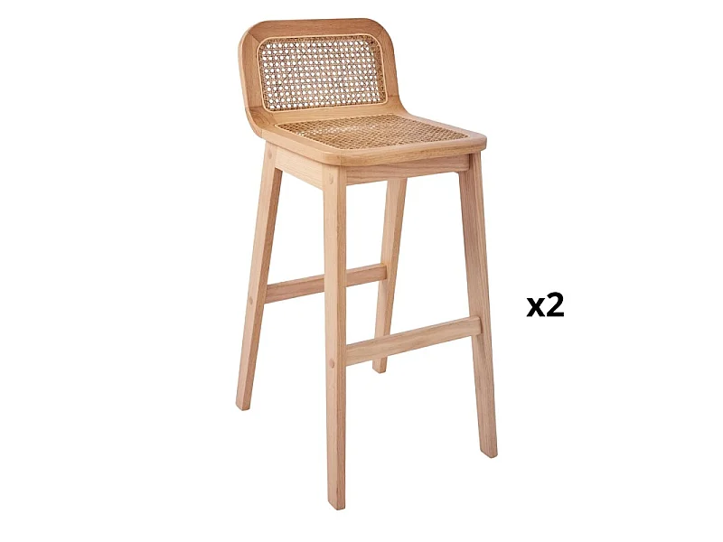 Conjunto de ilha e cadeiras de bar em carvalho com assento em cana de 65 cm SANA