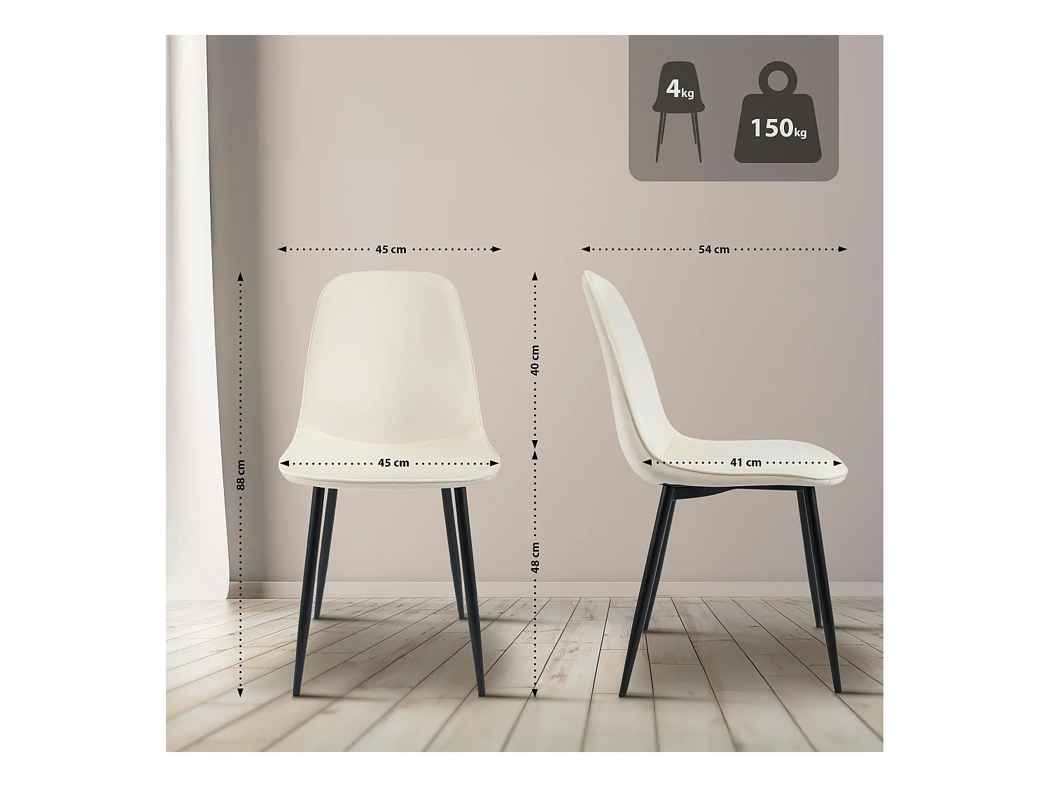 Lot de 4  chaise salle à manger - Velours - Crème - Maryam