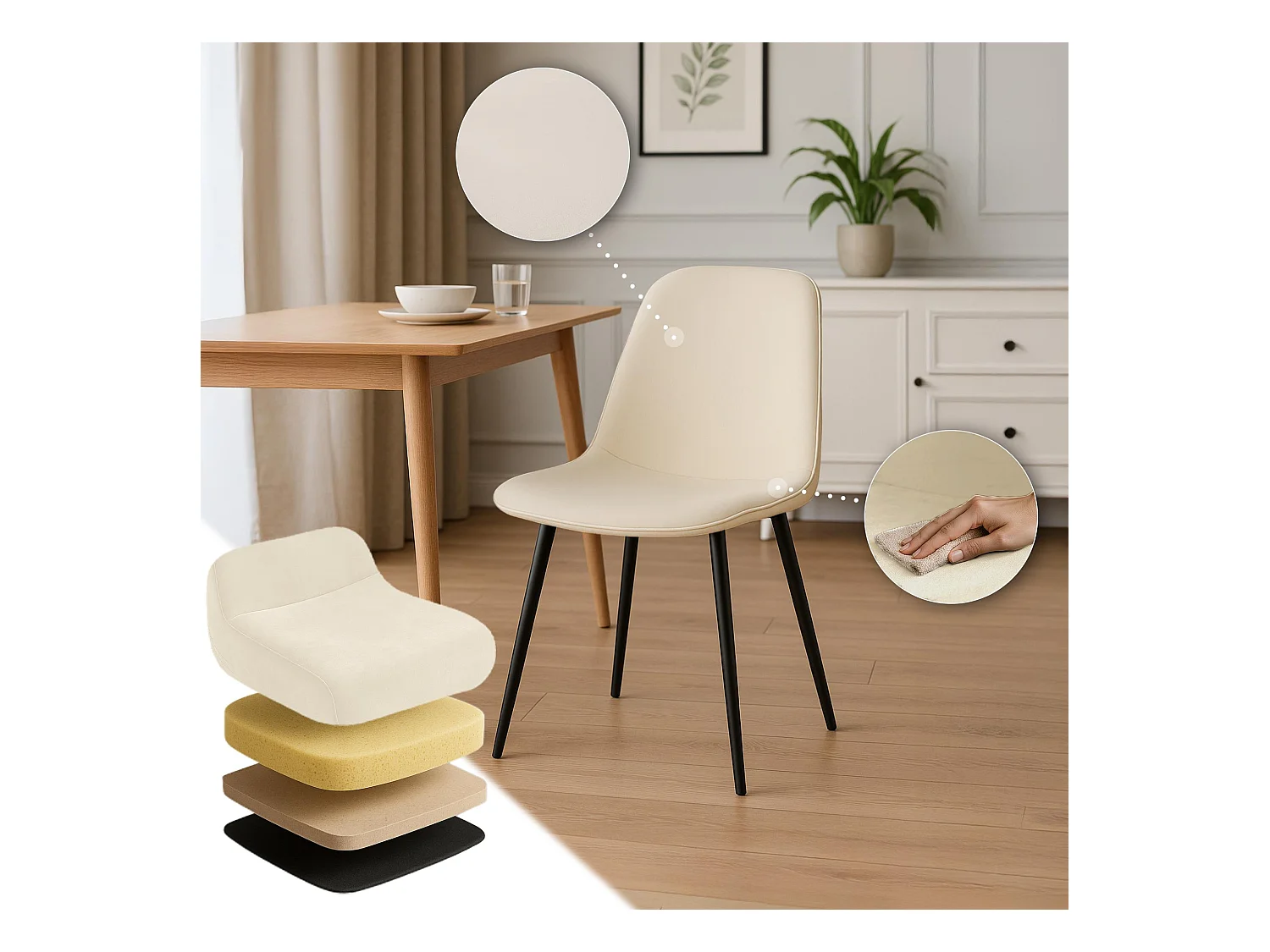 Lot de 4  chaise salle à manger - Velours - Crème - Maryam