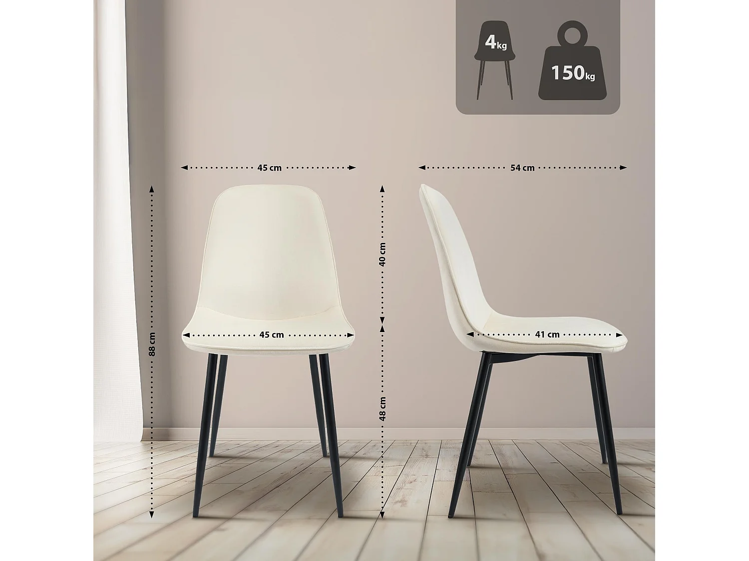 Lot de 4  chaise salle à manger - Velours - Crème - Maryam