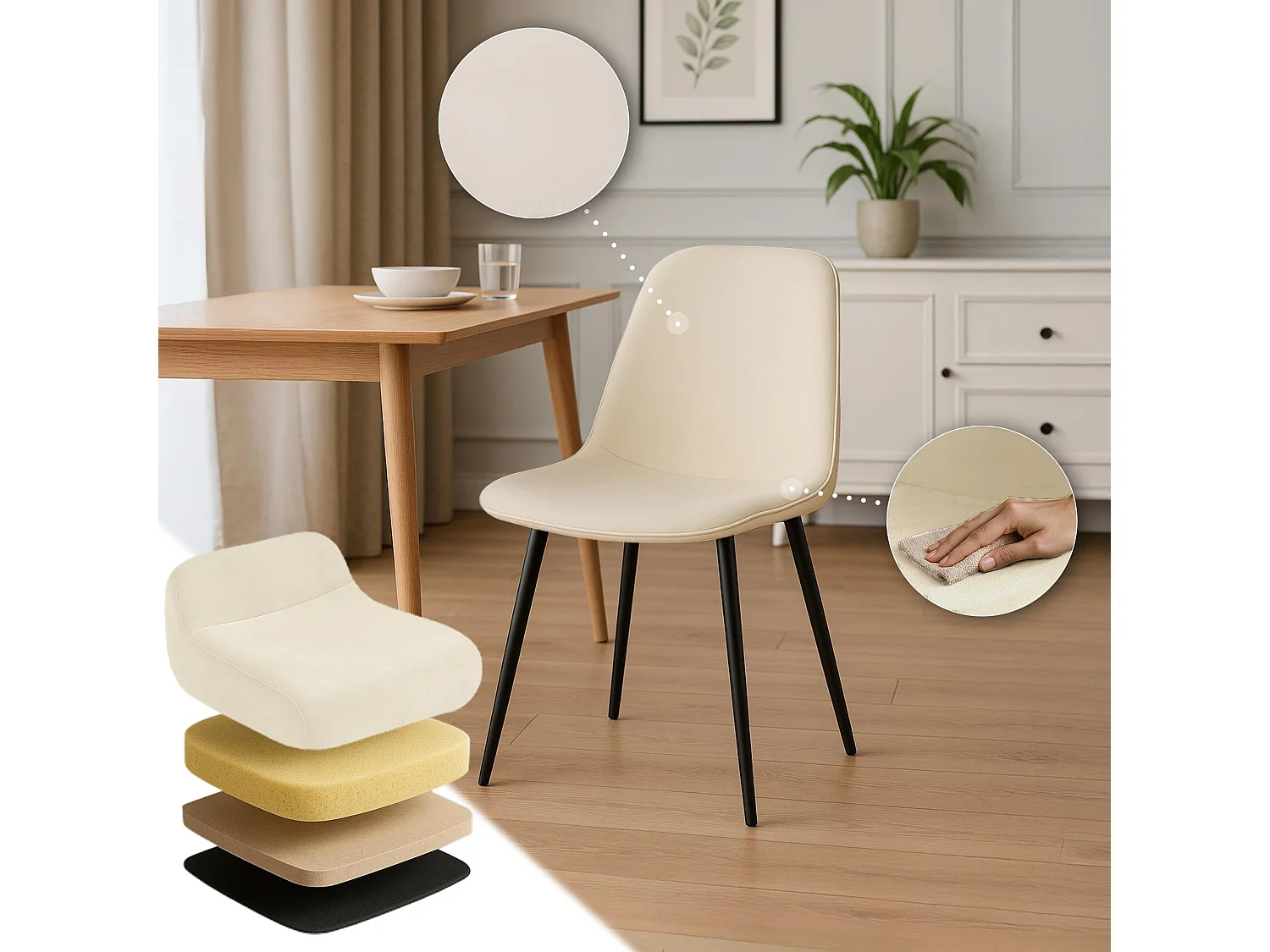 Lot de 4  chaise salle à manger - Velours - Crème - Maryam