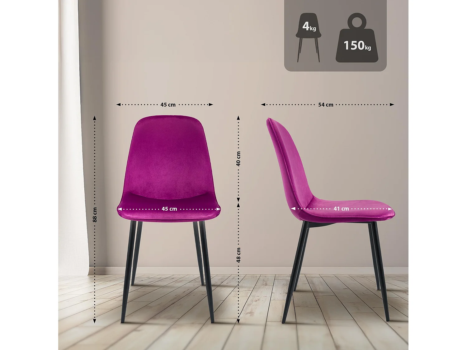 Lot de 4  chaise salle à manger - Velours - Violet - Maryam