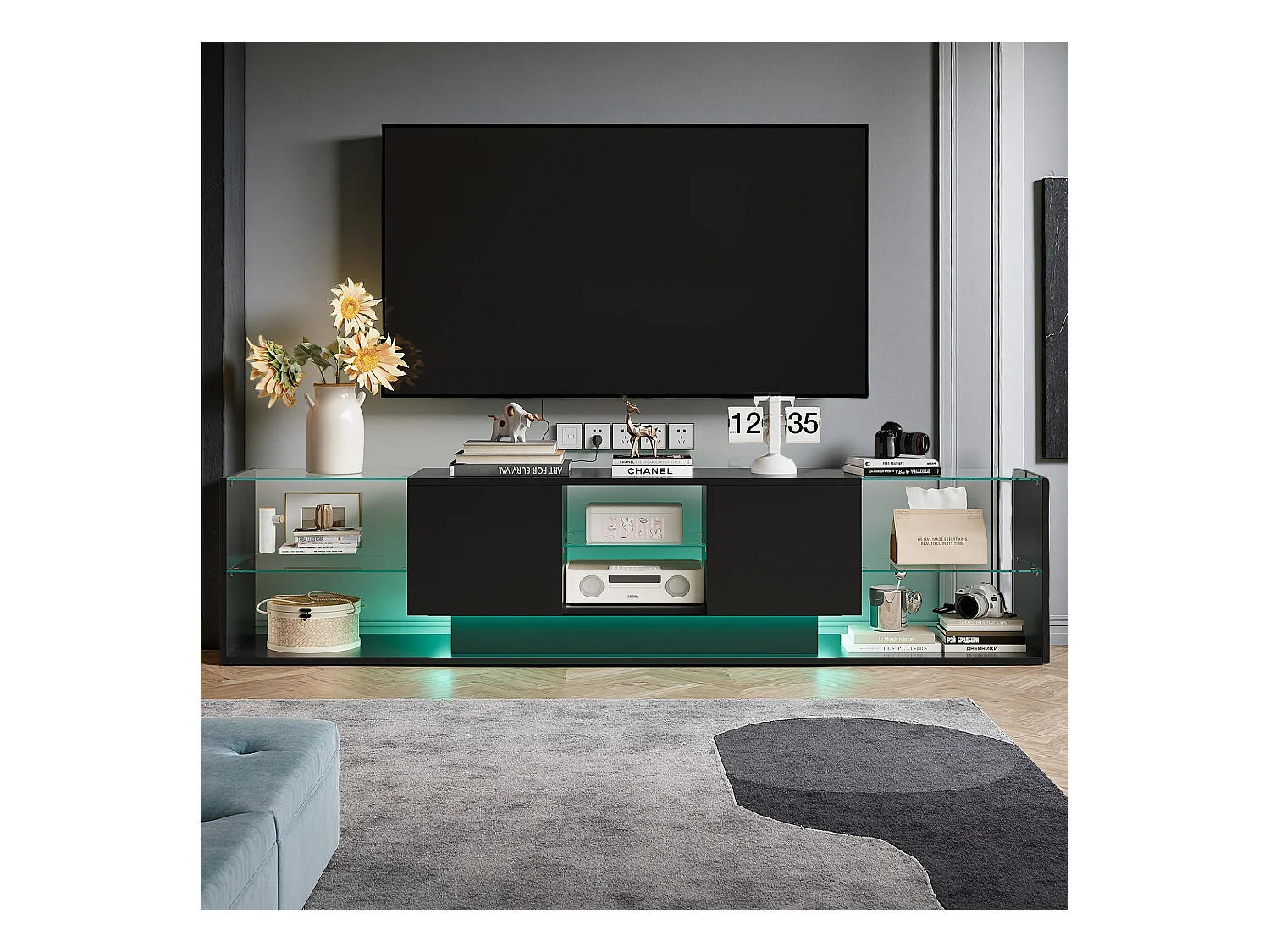 Meuble TV - NEXU - meuble de salon - meuble TV salon - LED - 2 tiroirs - étagère en verre trempé - 200x35x45 cm - noir