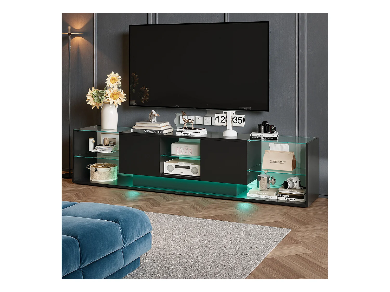 Meuble TV - NEXU - meuble de salon - meuble TV salon - LED - 2 tiroirs - étagère en verre trempé - 200x35x45 cm - noir