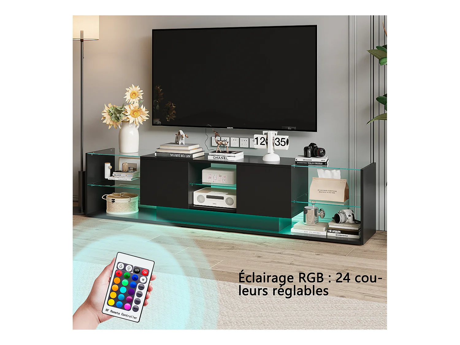 Meuble TV - NEXU - meuble de salon - meuble TV salon - LED - 2 tiroirs - étagère en verre trempé - 200x35x45 cm - noir