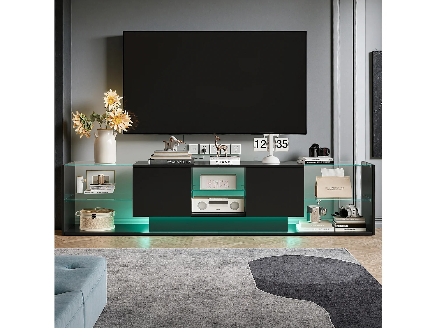 Meuble TV - NEXU - meuble de salon - meuble TV salon - LED - 2 tiroirs - étagère en verre trempé - 200x35x45 cm - noir