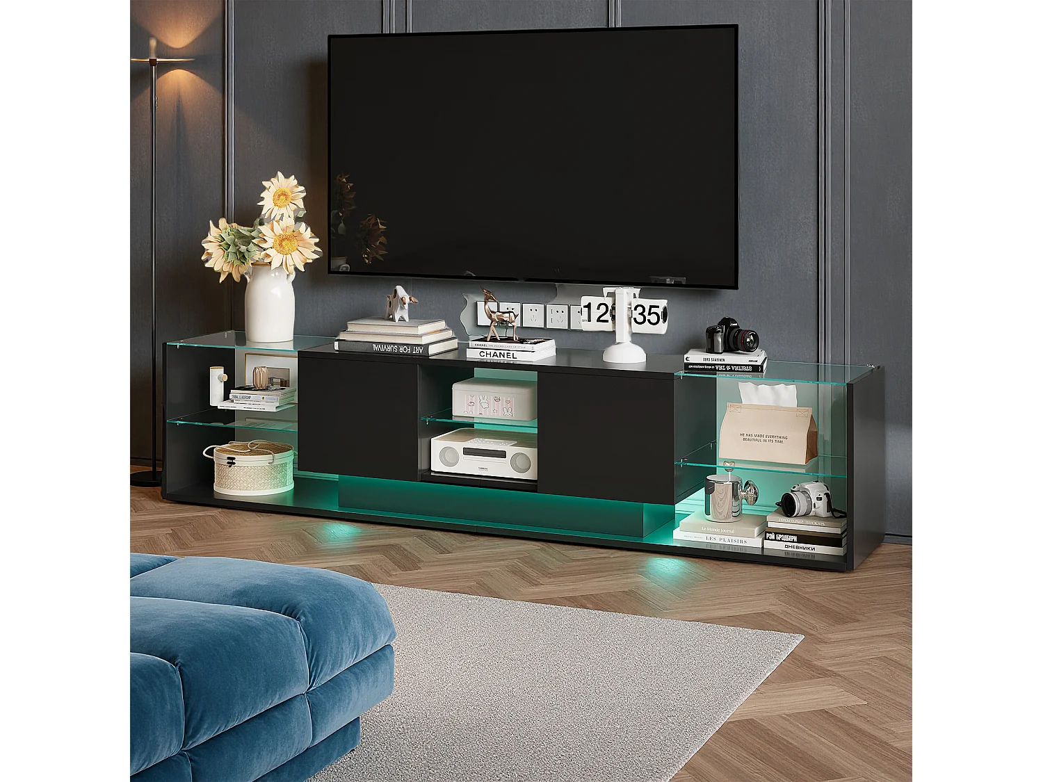 Meuble TV - NEXU - meuble de salon - meuble TV salon - LED - 2 tiroirs - étagère en verre trempé - 200x35x45 cm - noir