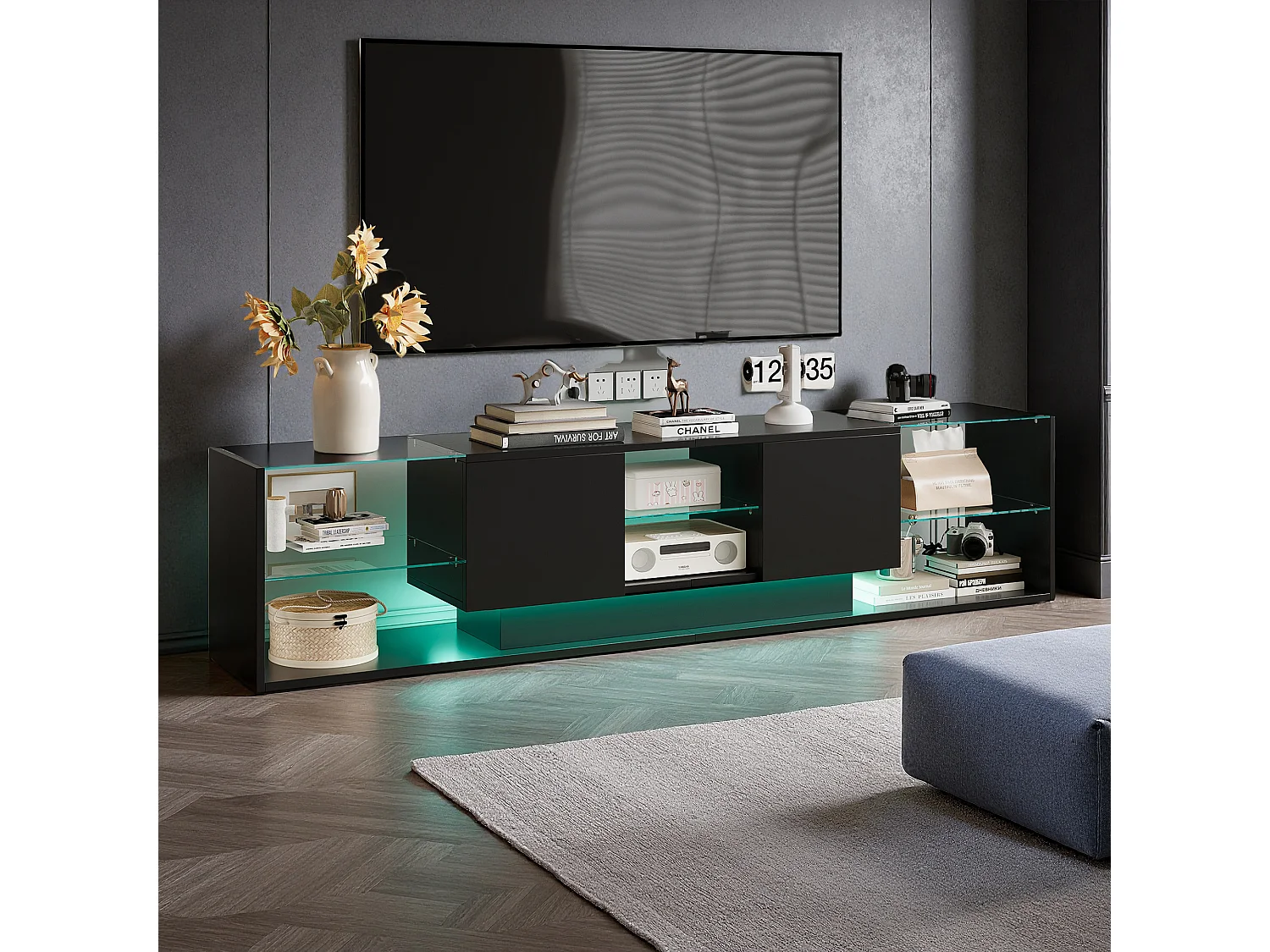 TV-meubel - NEXU - woonkamermeubel - TV-meubel voor de woonkamer - LED - 2 lades - gehard glazen plank - 200x35x45 cm - zwart