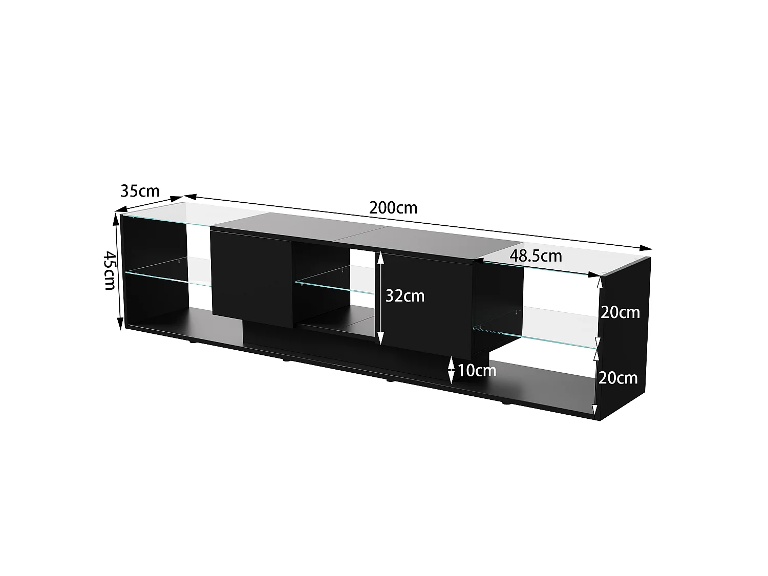 TV-meubel - NEXU - woonkamermeubel - TV-meubel voor de woonkamer - LED - 2 lades - gehard glazen plank - 200x35x45 cm - zwart