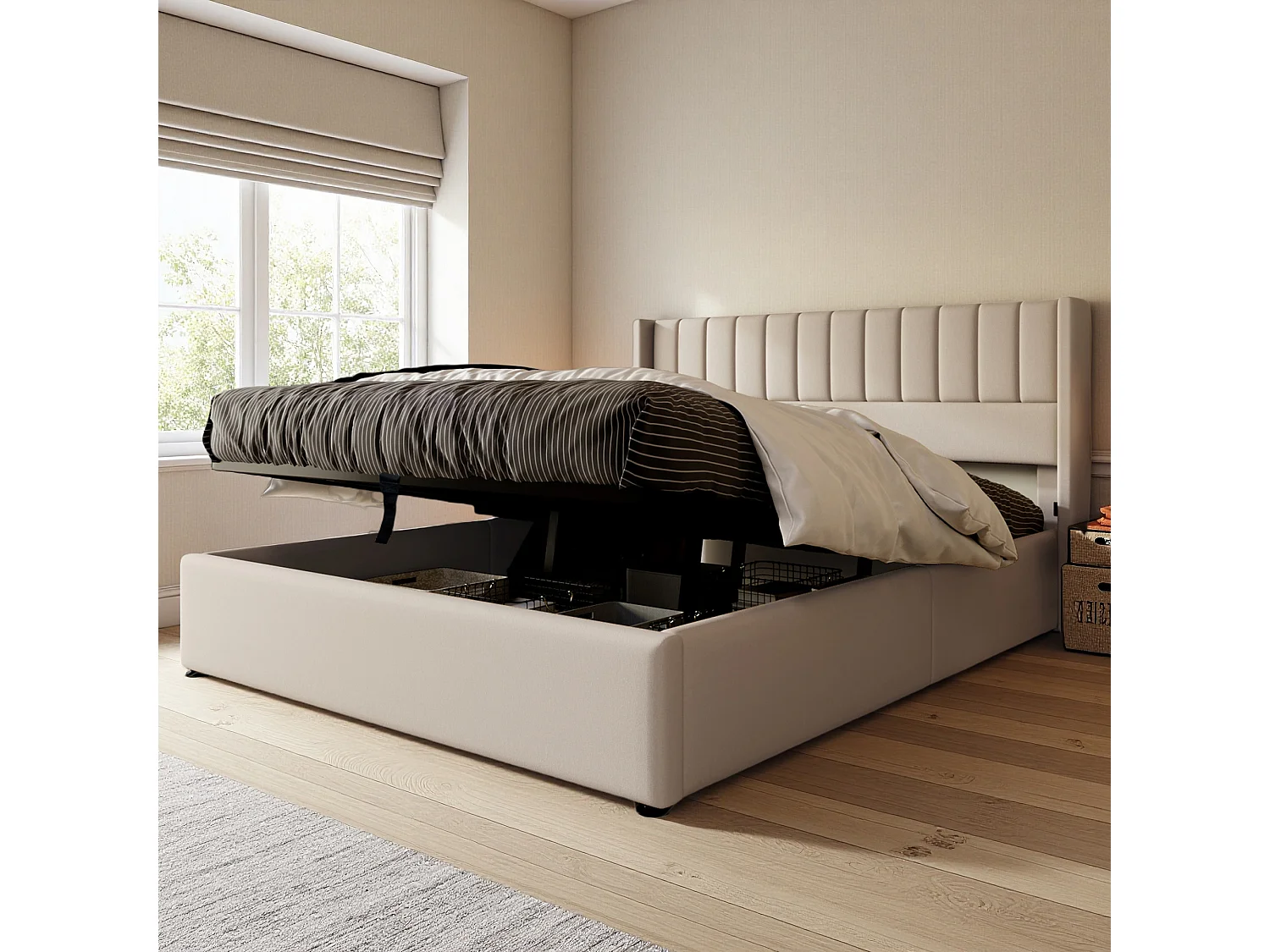 Lit adulte 160x200 cm - NEXU - hydraulique - tissu en lin - cadre de lit coffre 160x200 cm avec sommier à lattes - beige