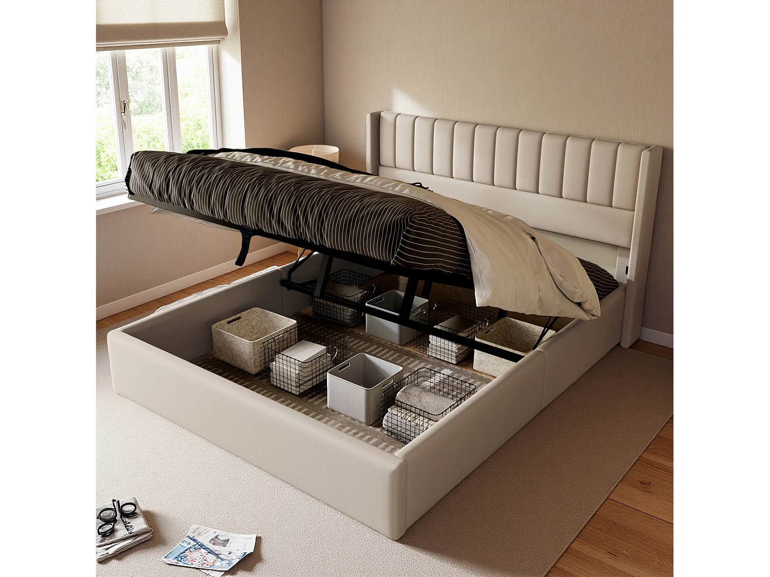 Lit adulte 160x200 cm - NEXU - hydraulique - tissu en lin - cadre de lit coffre 160x200 cm avec sommier à lattes - beige