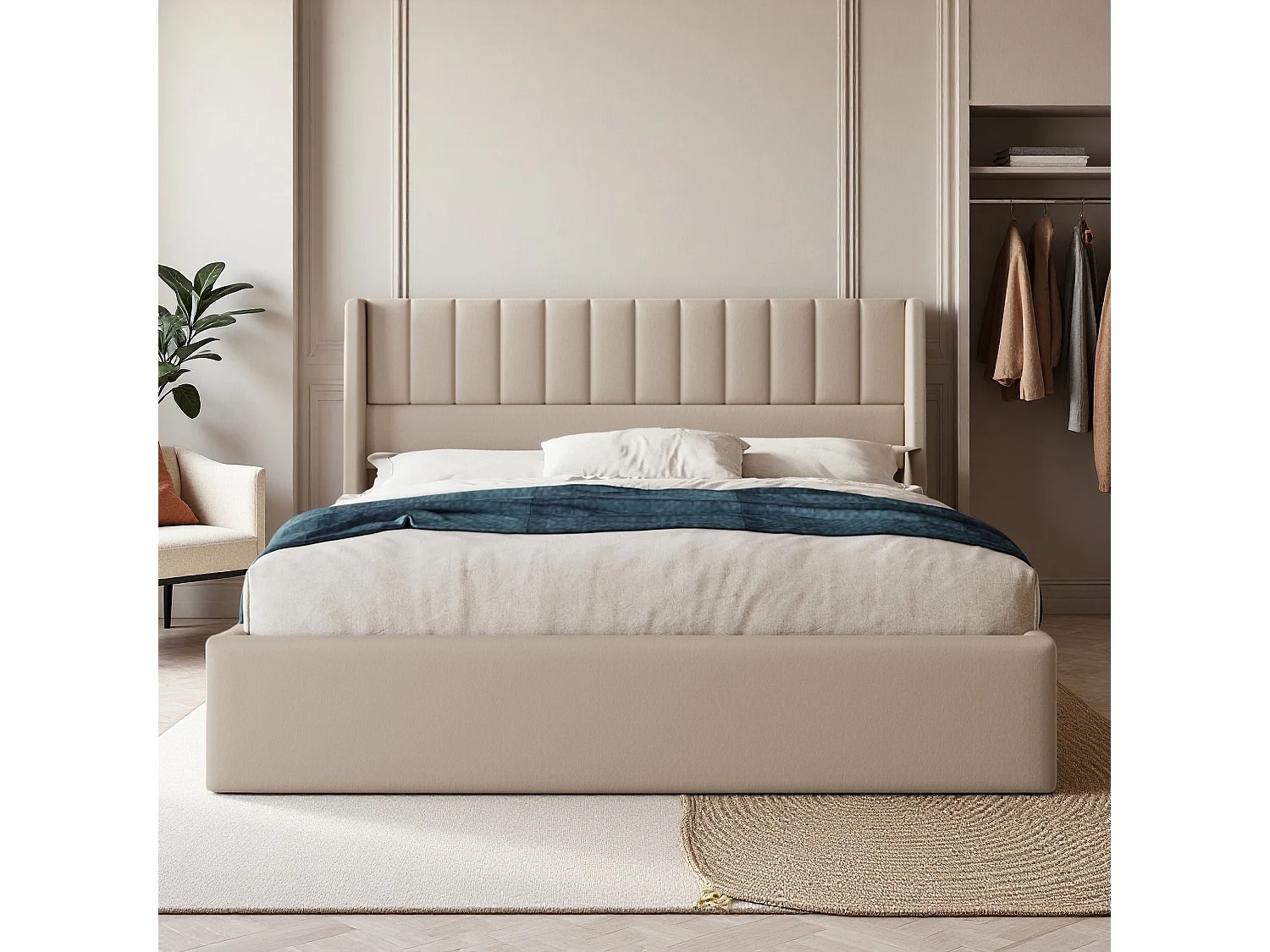 Lit adulte 160x200 cm - NEXU - hydraulique - tissu en lin - cadre de lit coffre 160x200 cm avec sommier à lattes - beige