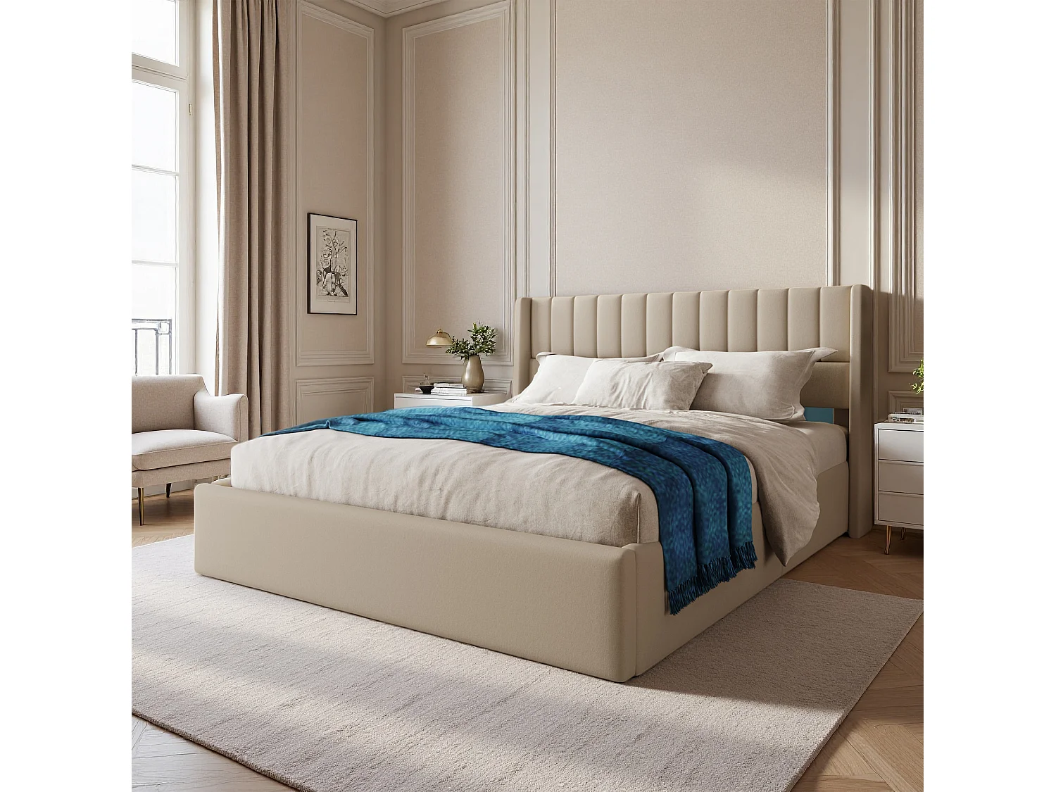 Lit adulte 160x200 cm - NEXU - hydraulique - tissu en lin - cadre de lit coffre 160x200 cm avec sommier à lattes - beige