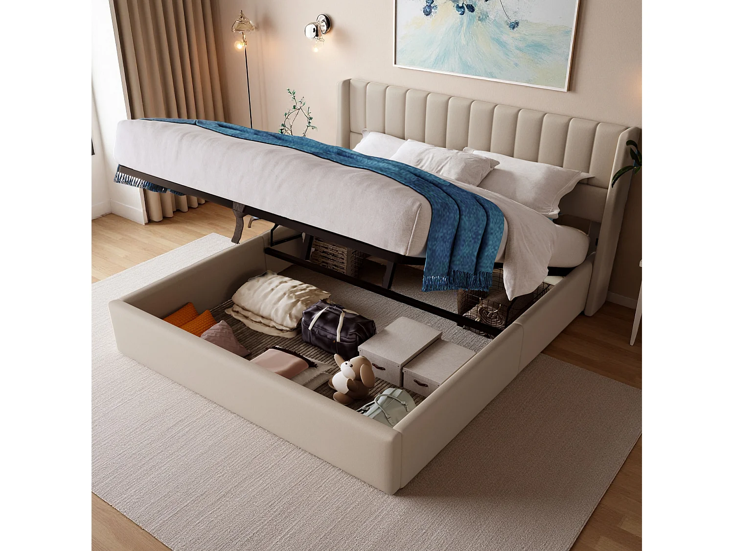 Lit coffre 160 x 200 cm en tissu effet lin beige, lit double avec tête de lit rembourrée, vérins à gaz, sommier à lattes