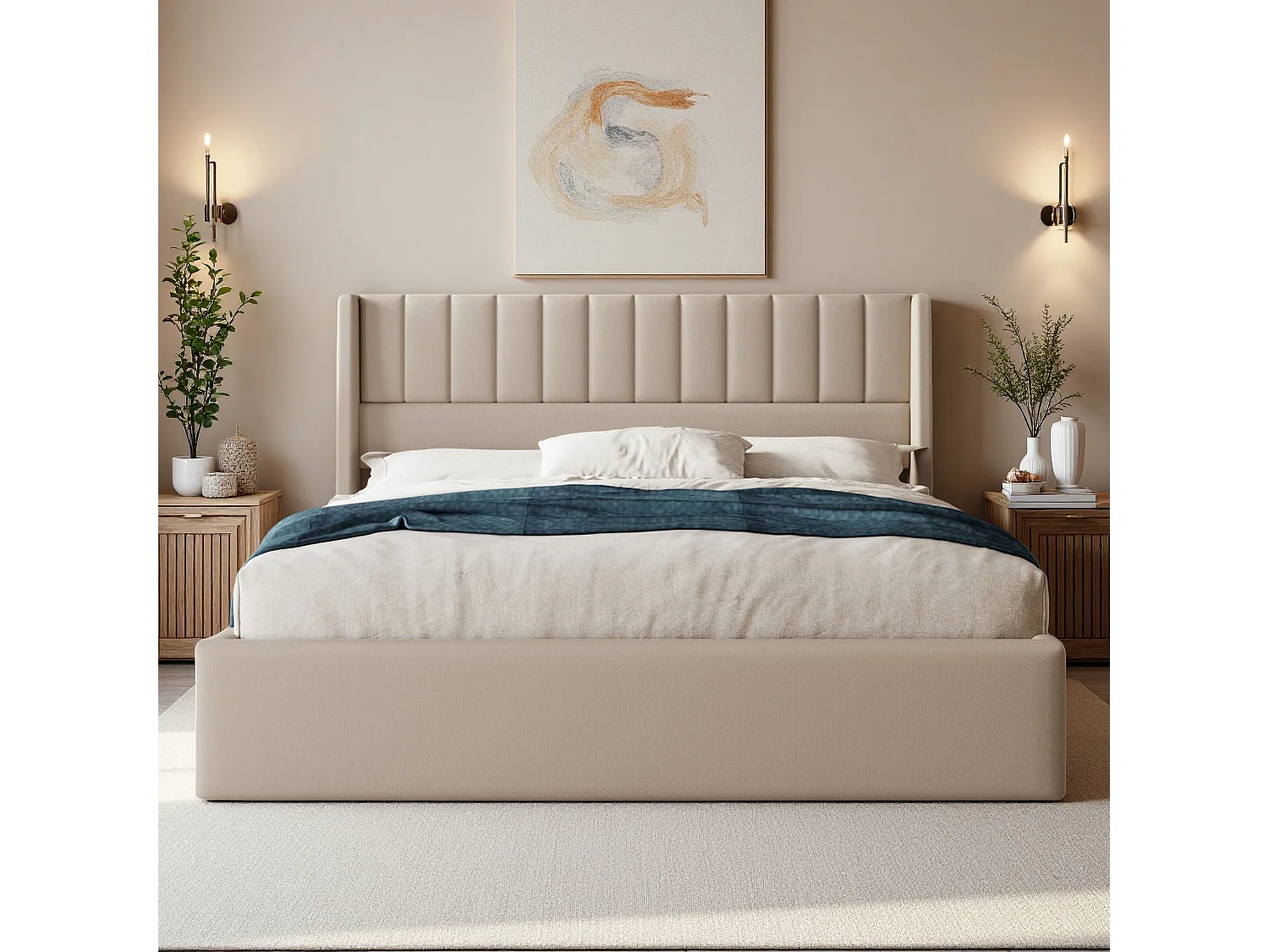Lit coffre 160 x 200 cm en tissu effet lin beige, lit double avec tête de lit rembourrée, vérins à gaz, sommier à lattes
