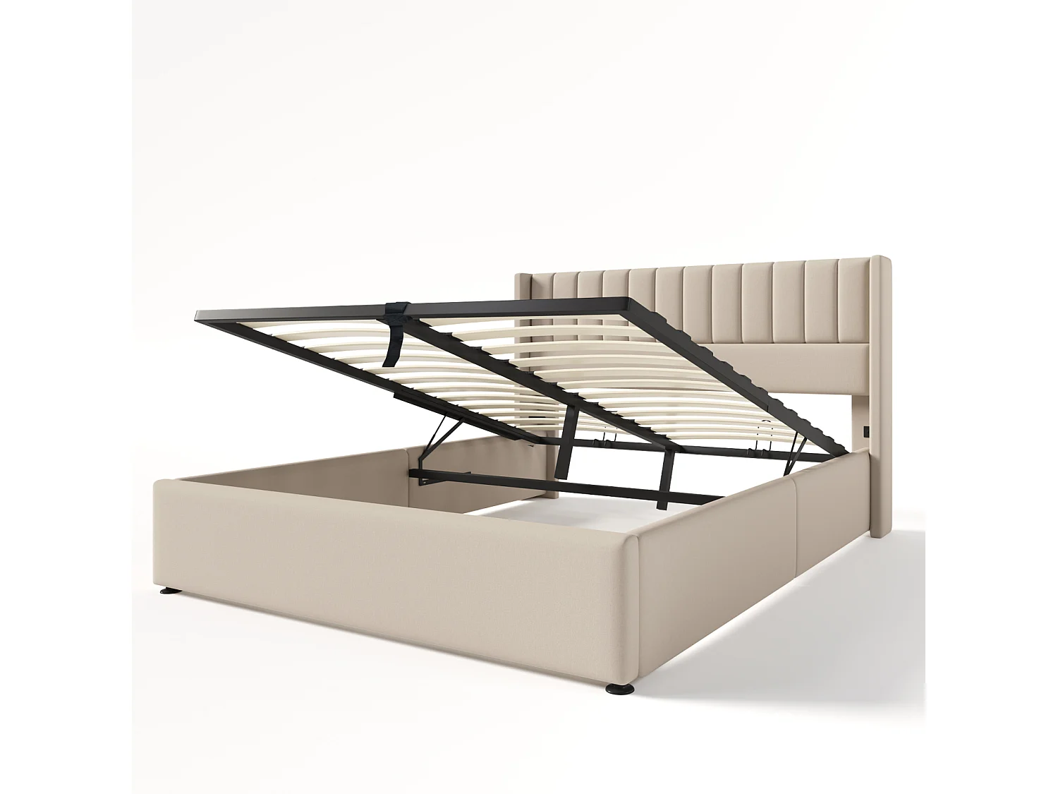 Lit coffre 160 x 200 cm en tissu effet lin beige, lit double avec tête de lit rembourrée, vérins à gaz, sommier à lattes