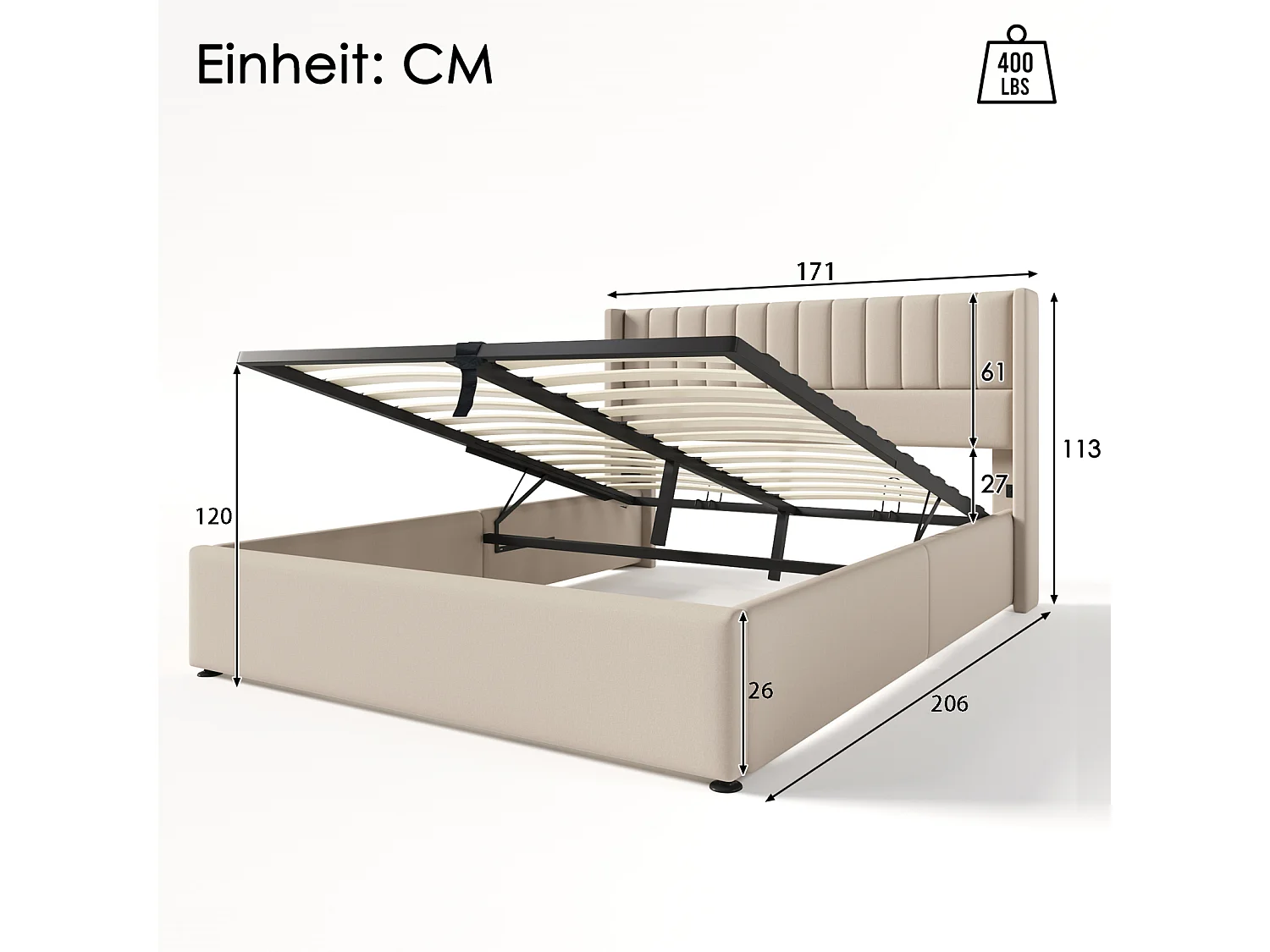Lit coffre 160 x 200 cm en tissu effet lin beige, lit double avec tête de lit rembourrée, vérins à gaz, sommier à lattes