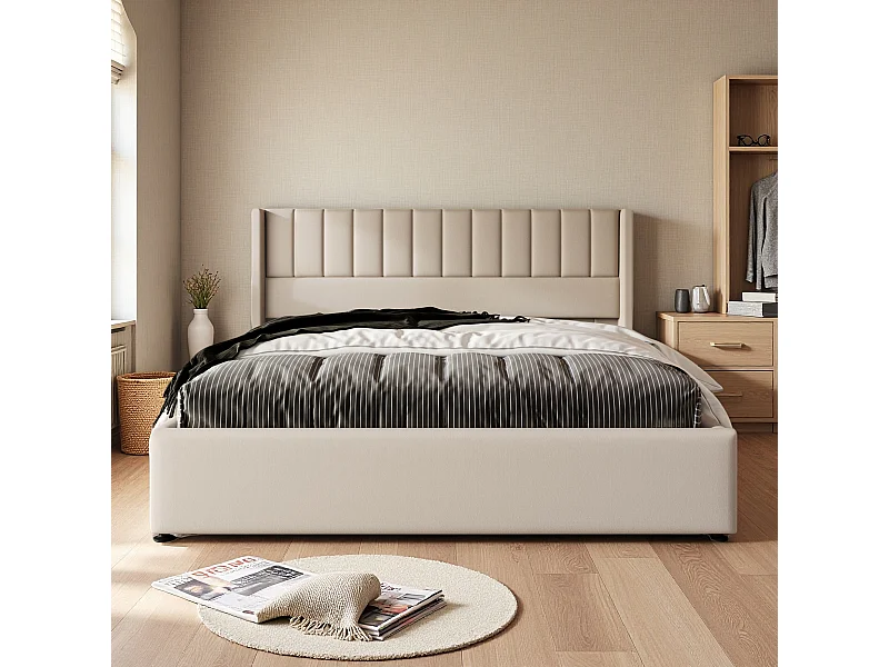 Lit adulte 160x200 cm - NEXU - hydraulique - tissu en lin - cadre de lit coffre 160x200 cm avec sommier à lattes - beige