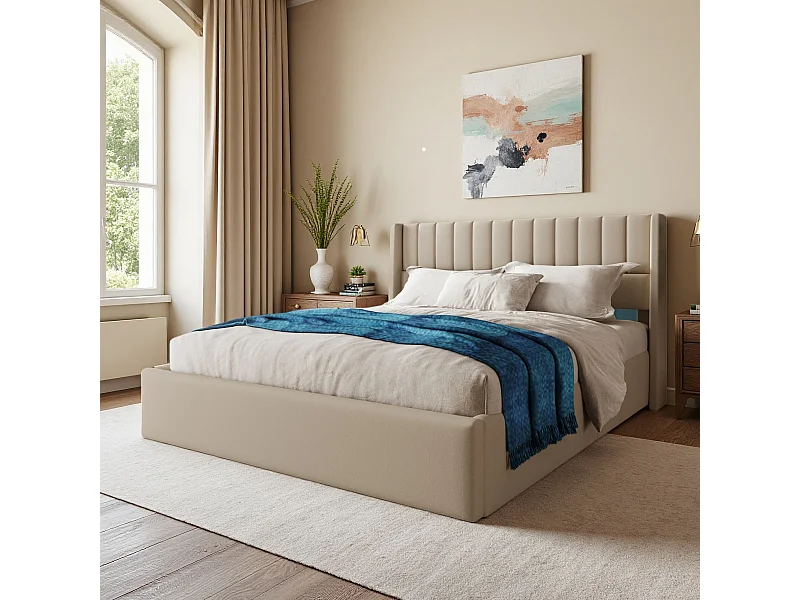 Lit coffre adulte 160x200 cm - sommier à lattes - rembourré tête de lit - ​lit tissu en in 160x200 -beige