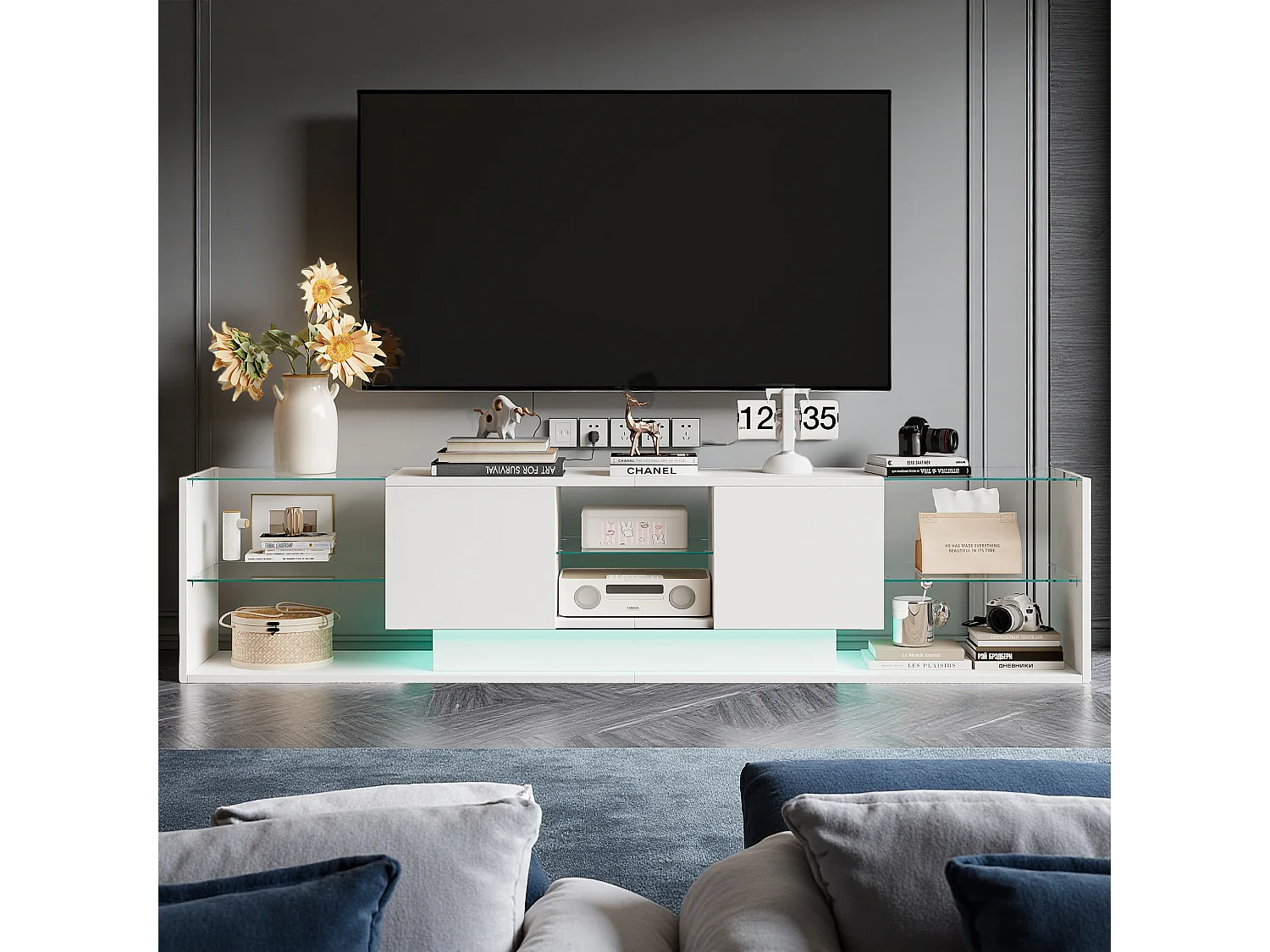 Meuble TV - NEXU - meuble de salon - meuble TV salon - LED - 2 tiroirs - étagère en verre trempé - 200x35x45 cm - blanc