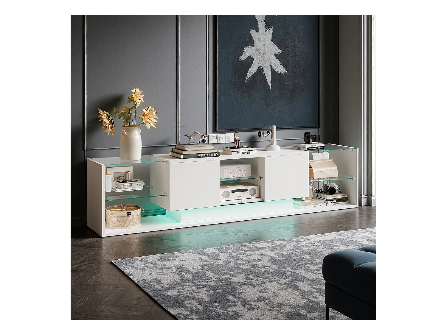 Meuble TV - NEXU - meuble de salon - meuble TV salon - LED - 2 tiroirs - étagère en verre trempé - 200x35x45 cm - blanc