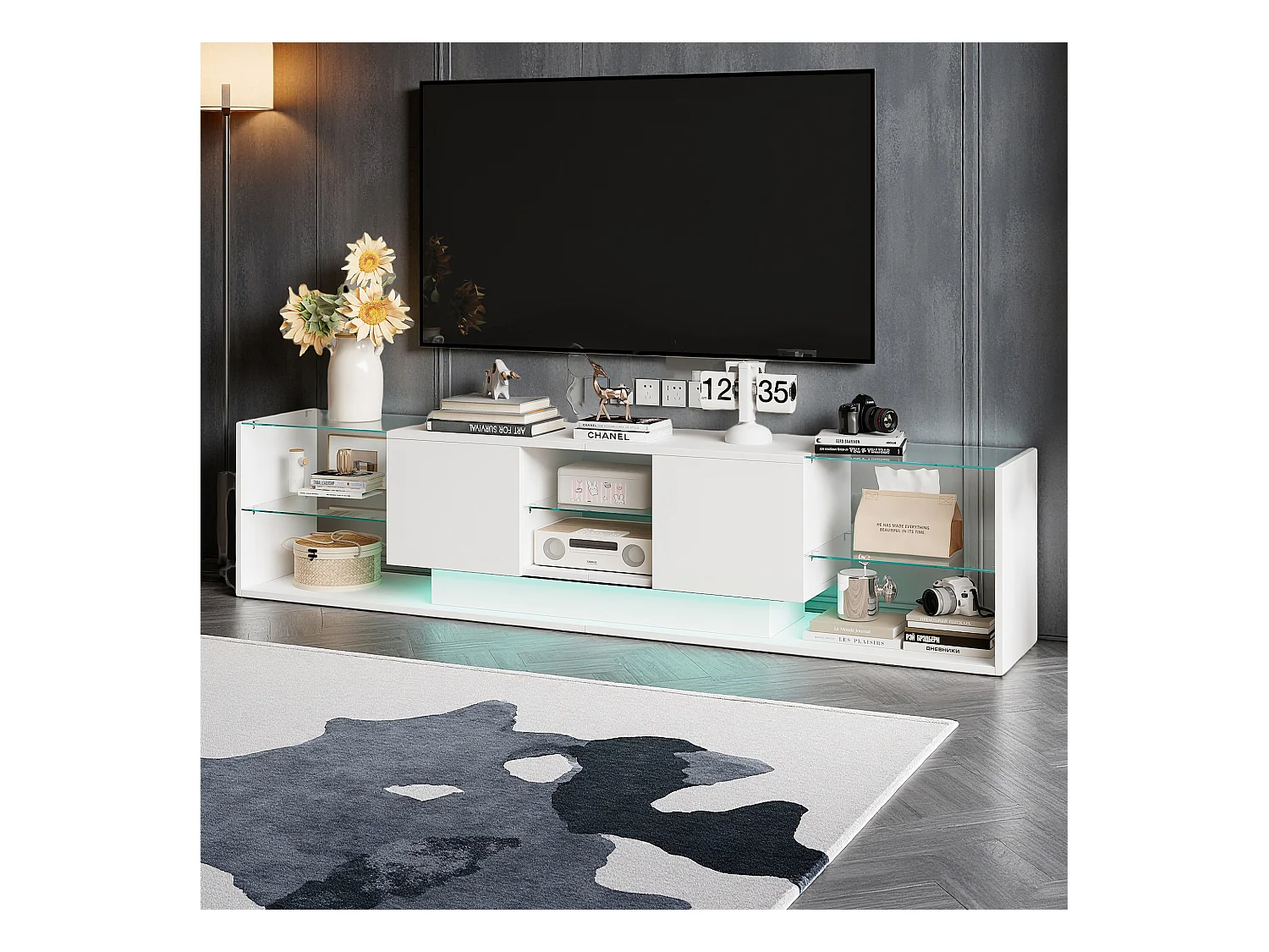 Meuble TV - NEXU - meuble de salon - meuble TV salon - LED - 2 tiroirs - étagère en verre trempé - 200x35x45 cm - blanc