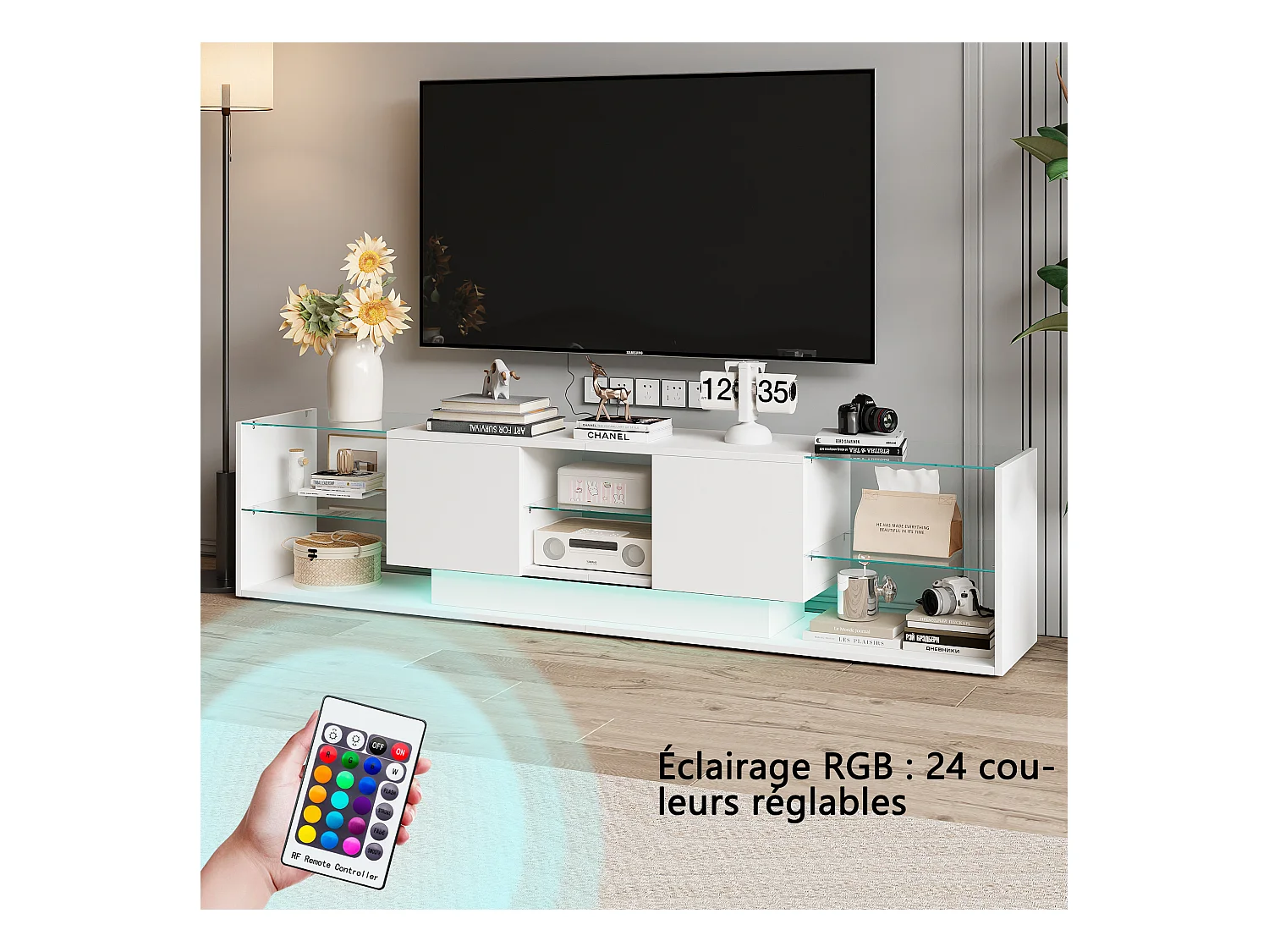 Meuble TV - NEXU - meuble de salon - meuble TV salon - LED - 2 tiroirs - étagère en verre trempé - 200x35x45 cm - blanc