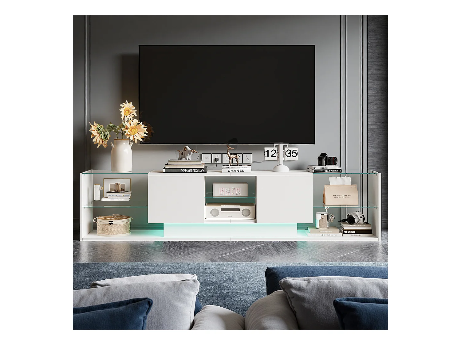 Meuble TV - NEXU - meuble de salon - meuble TV salon - LED - 2 tiroirs - étagère en verre trempé - 200x35x45 cm - blanc