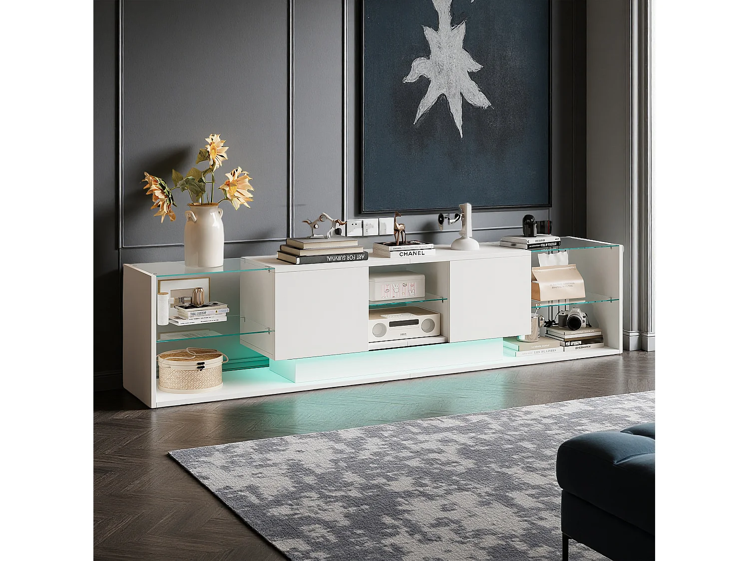 Meuble TV - NEXU - meuble de salon - meuble TV salon - LED - 2 tiroirs - étagère en verre trempé - 200x35x45 cm - blanc