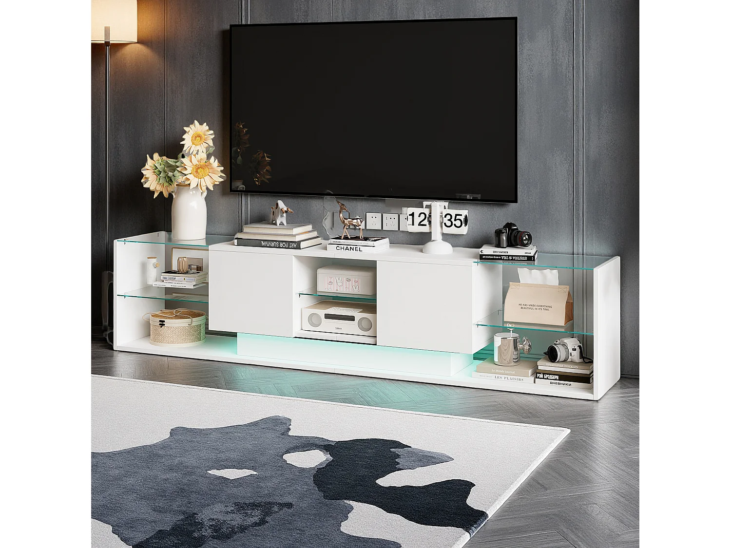 Meuble TV - NEXU - meuble de salon - meuble TV salon - LED - 2 tiroirs - étagère en verre trempé - 200x35x45 cm - blanc