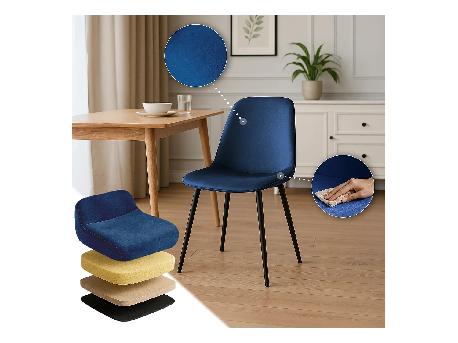 Lot de 4  chaise salle à manger - Velours - Bleu foncé - Maryam