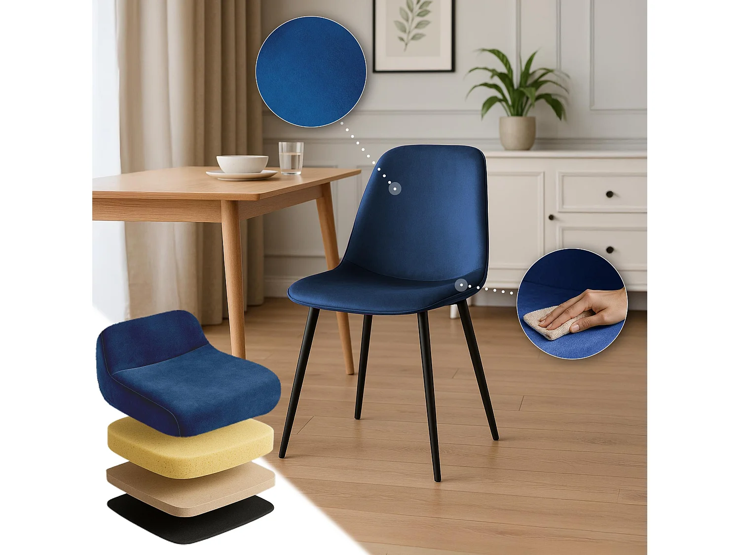 Lot de 4  chaise salle à manger - Velours - Bleu foncé - Maryam