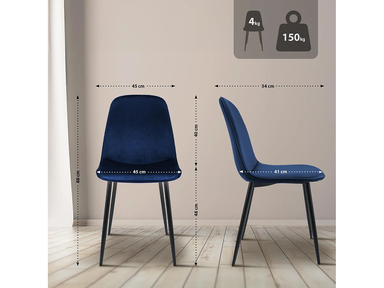 Lot de 4  chaise salle à manger - Velours - Bleu foncé - Maryam