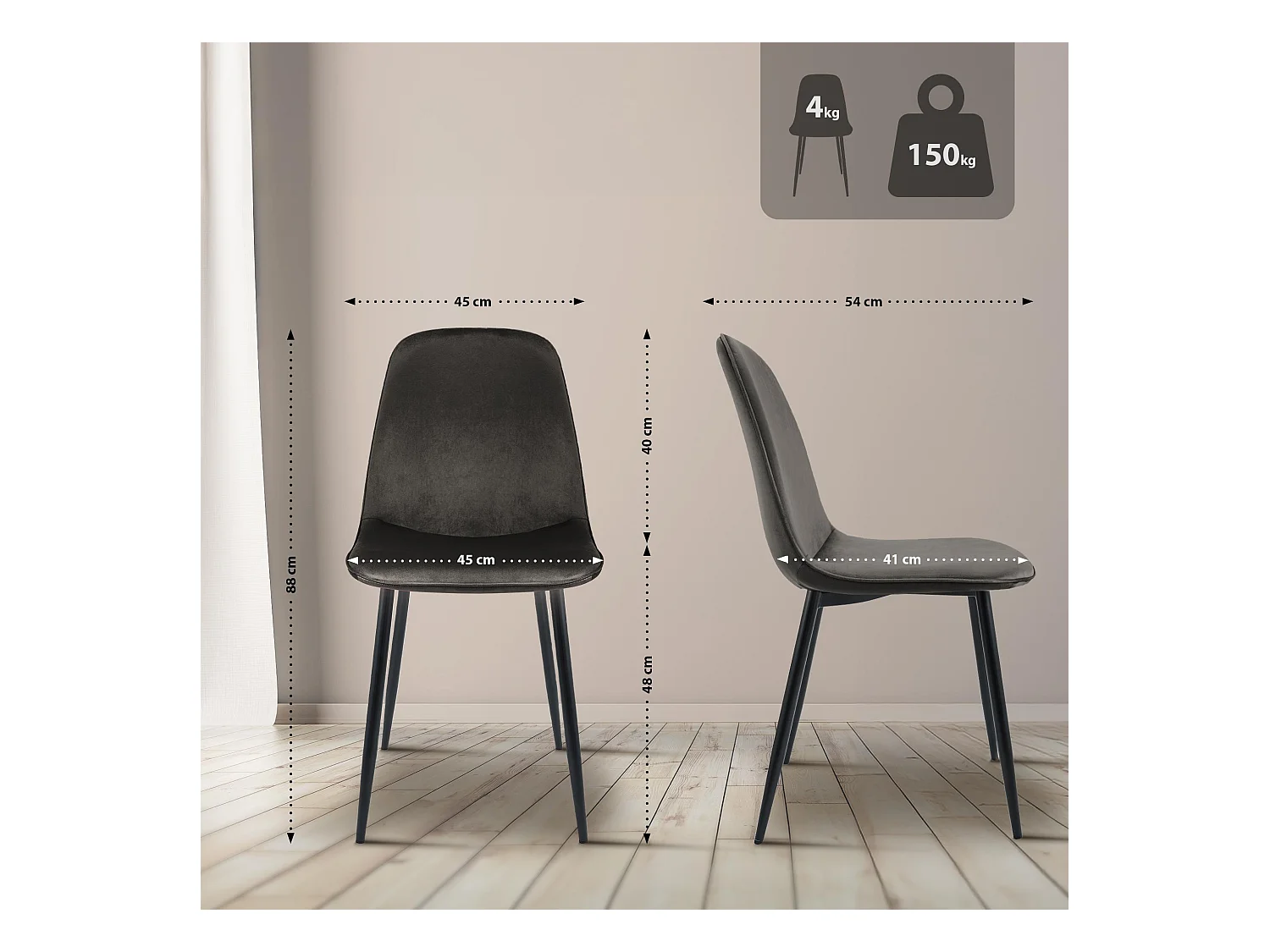 Lot de 4  chaise salle à manger - Velours - Anthracite - Maryam