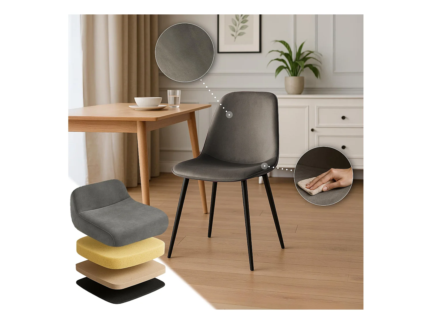 Lot de 4  chaise salle à manger - Velours - Anthracite - Maryam