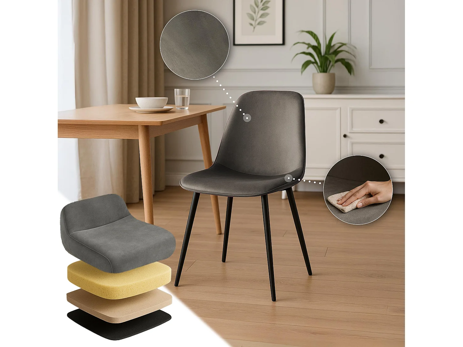 Lot de 4  chaise salle à manger - Velours - Anthracite - Maryam