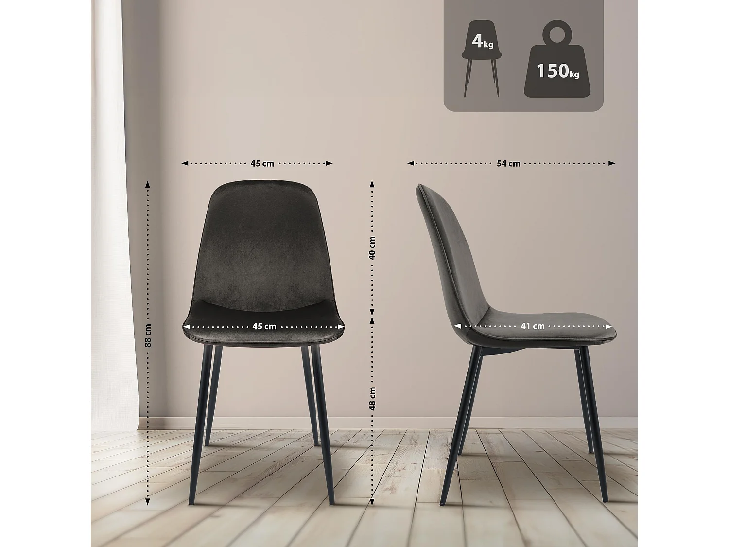 Lot de 4  chaise salle à manger - Velours - Anthracite - Maryam