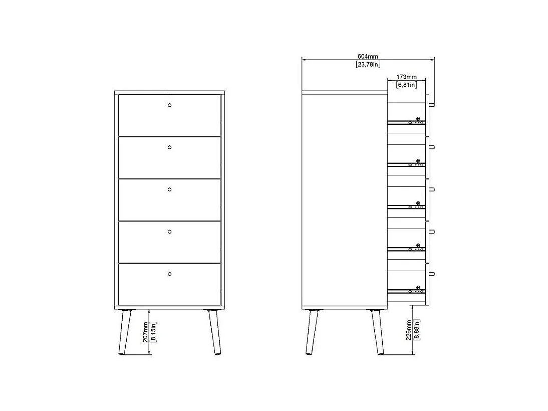 Commode 5 tiroirs avec pieds en bois H120,1 cm - TARP
