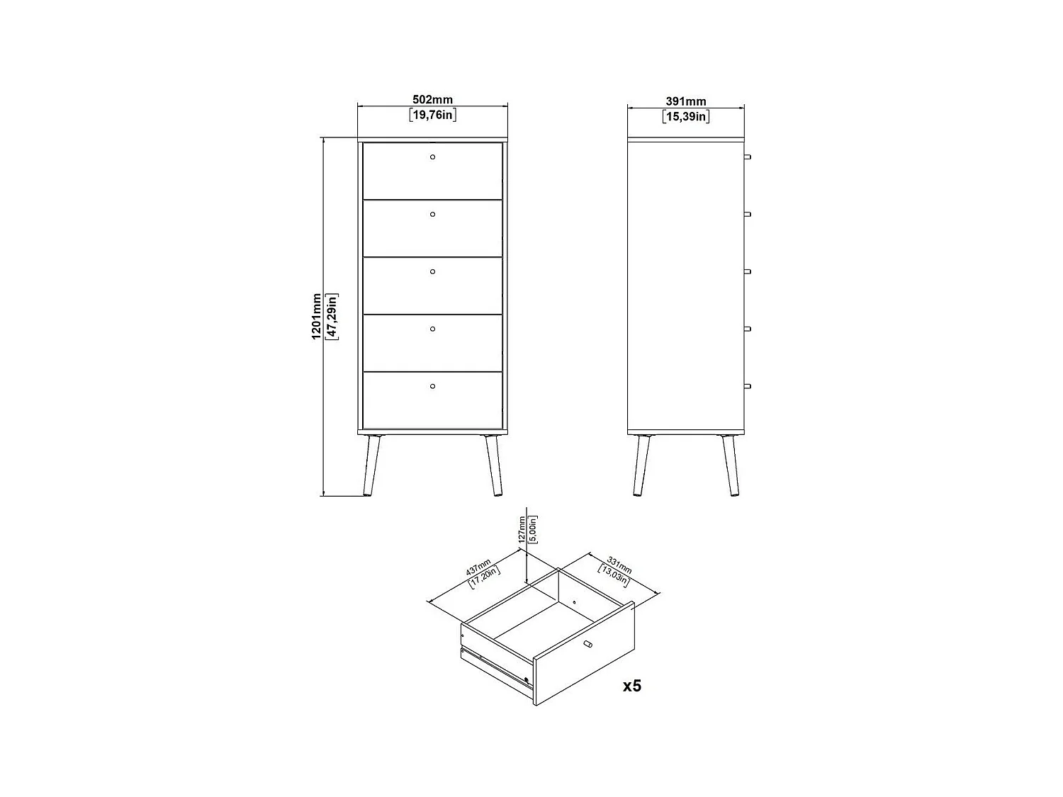 Commode 5 tiroirs avec pieds en bois H120,1 cm - TARP