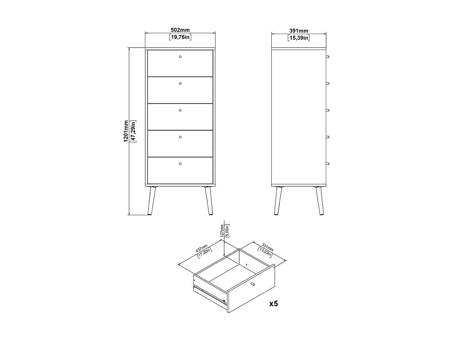 Commode 5 tiroirs avec pieds en bois H120,1 cm - TARP