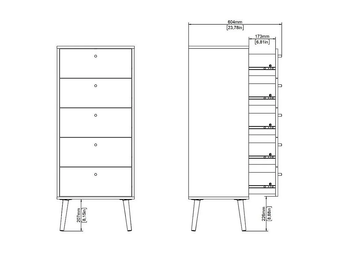 Commode 5 tiroirs avec pieds en bois H120,1 cm - TARP