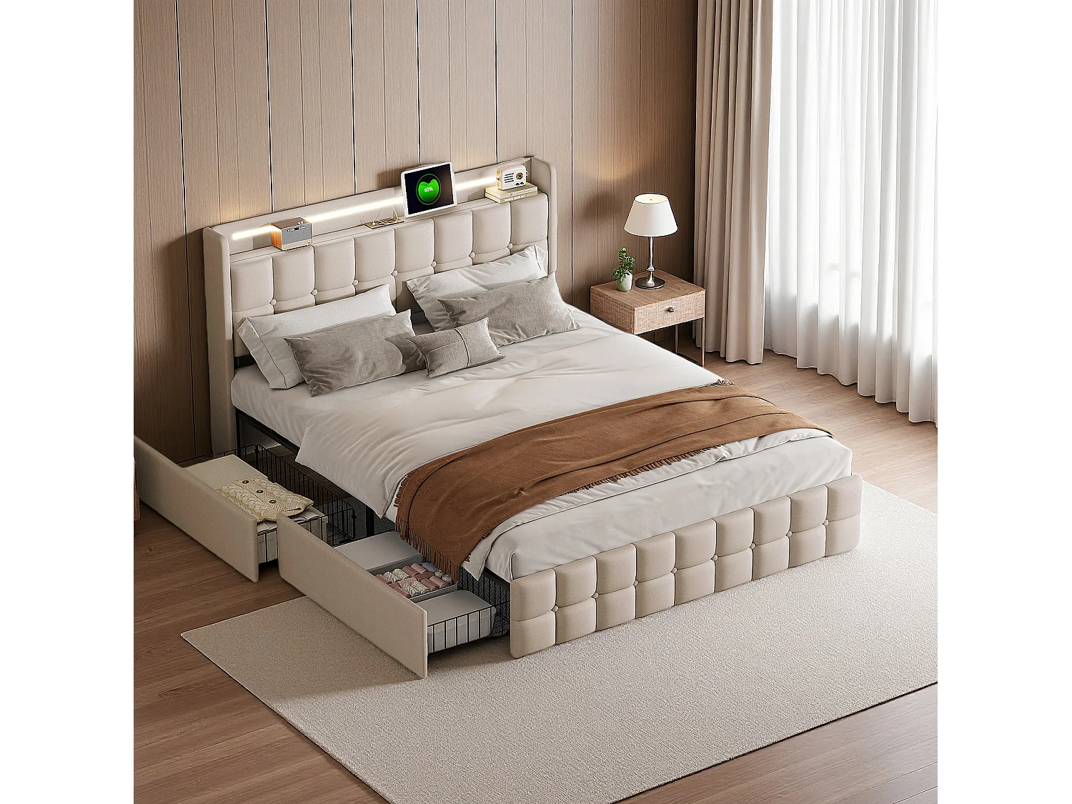 Lit capitonné 140x200 cm avec sommier à lattes - cadre de lit adulte 140x200 avec tiroirs - LED et USB - tissu en lin - beige