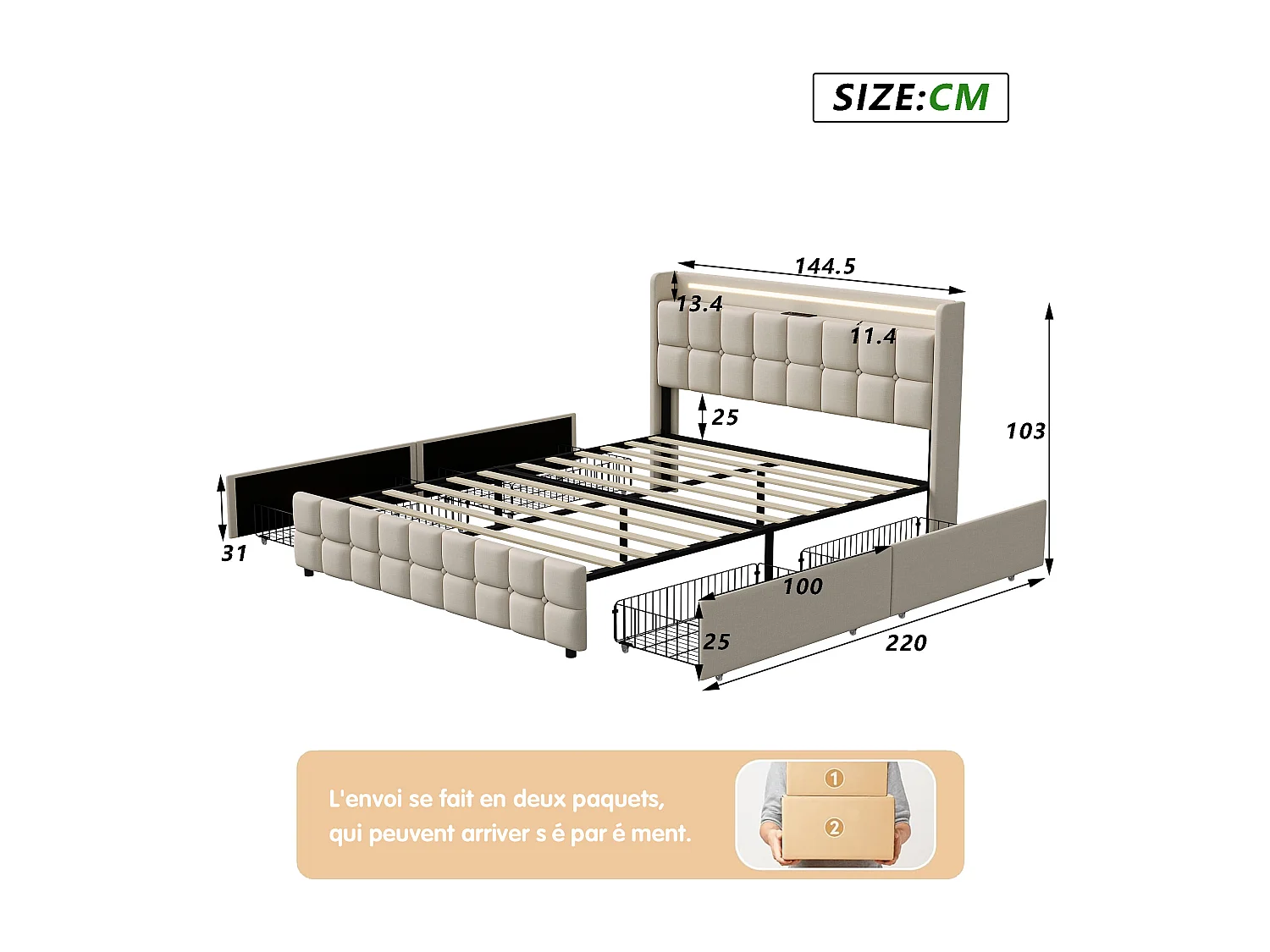 Lit capitonné 140x200 cm avec sommier à lattes - cadre de lit adulte 140x200 avec tiroirs - LED et USB - tissu en lin - beige