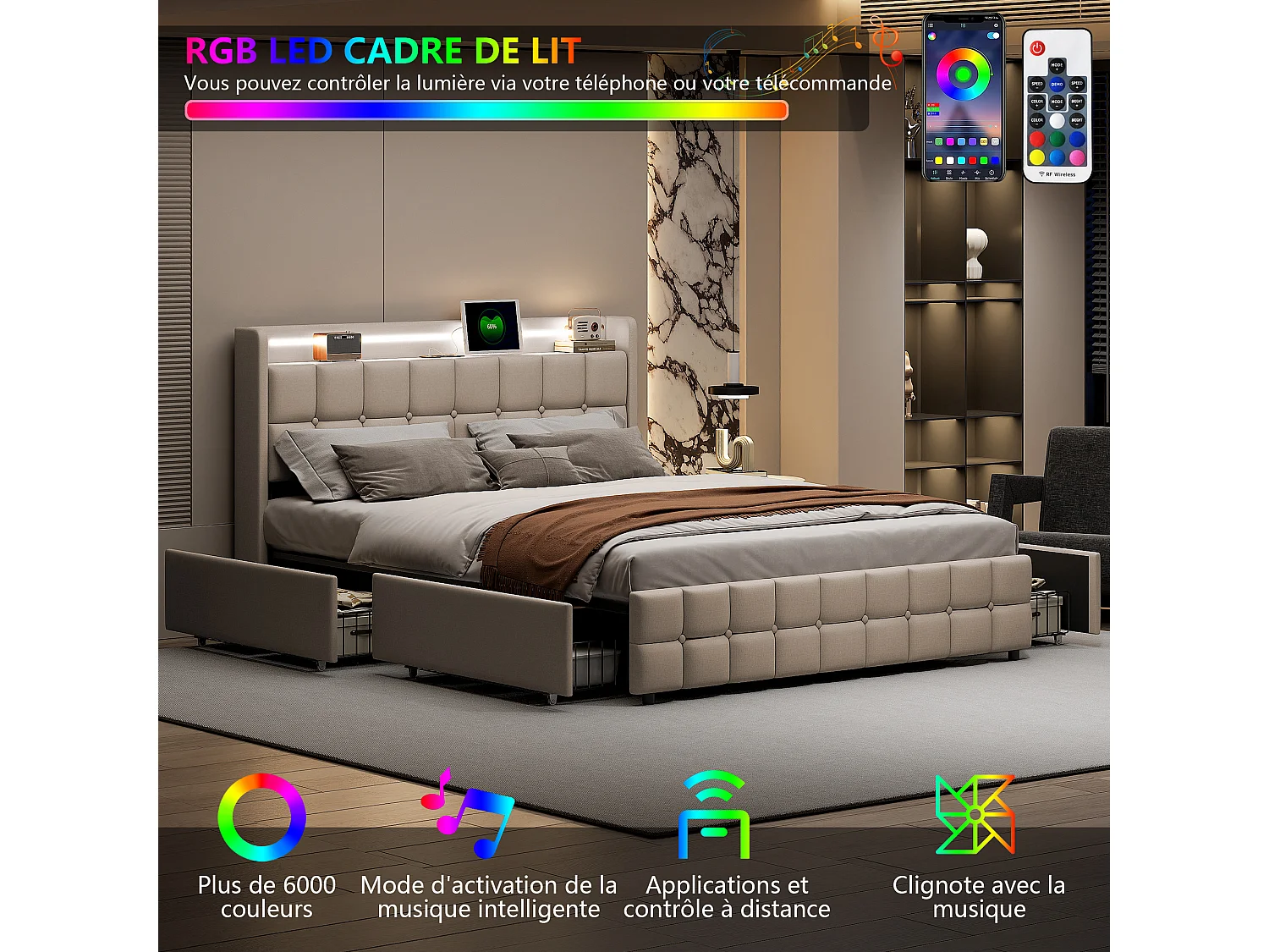 Lit capitonné 140x200 cm avec tiroirs, sommier à lattes, LED et ports USB, revêtement en tissu de lin beige