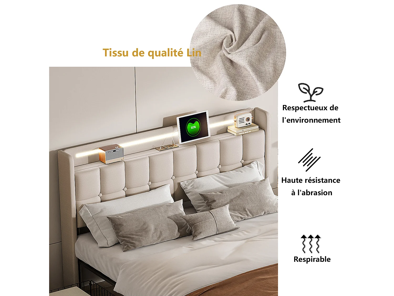 Lit capitonné 140x200 cm avec tiroirs, sommier à lattes, LED et ports USB, revêtement en tissu de lin beige