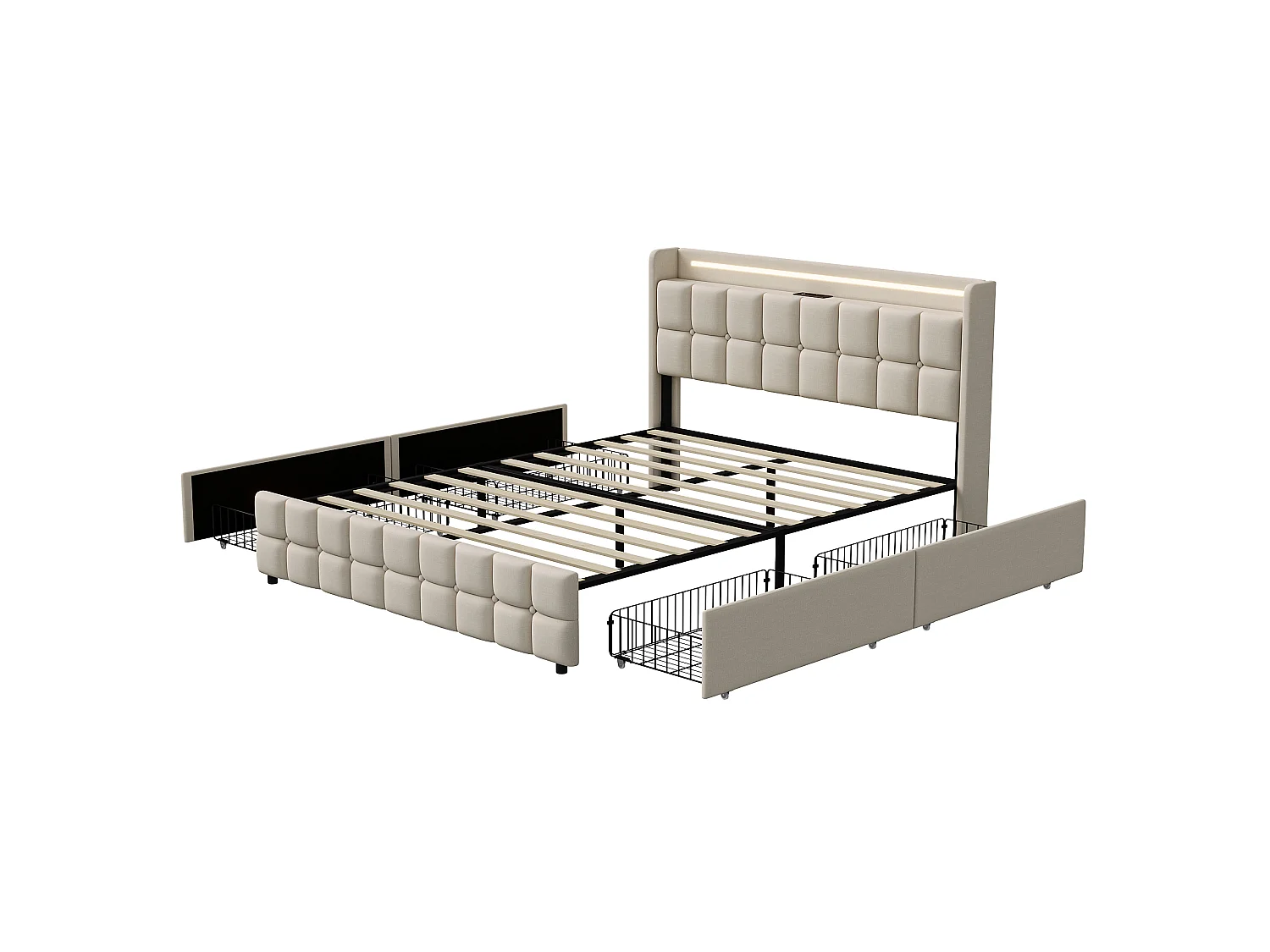 Lit capitonné 140x200 cm avec tiroirs, sommier à lattes, LED et ports USB, revêtement en tissu de lin beige