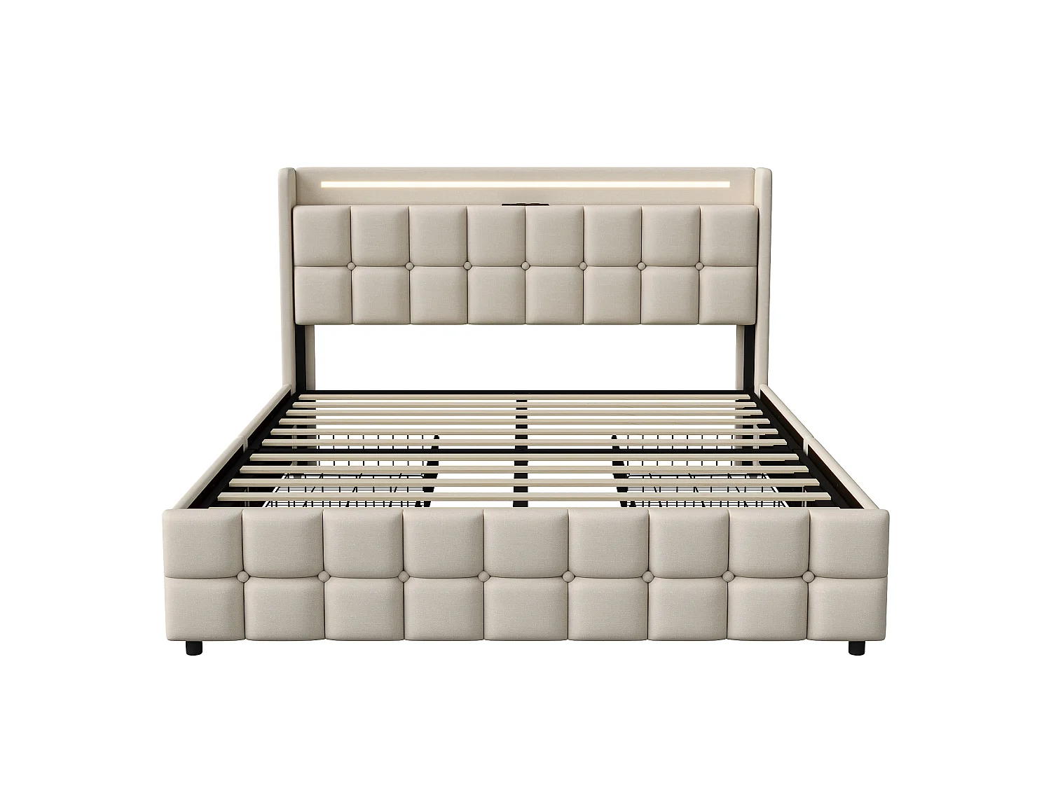 Lit capitonné 140x200 cm avec tiroirs, sommier à lattes, LED et ports USB, revêtement en tissu de lin beige