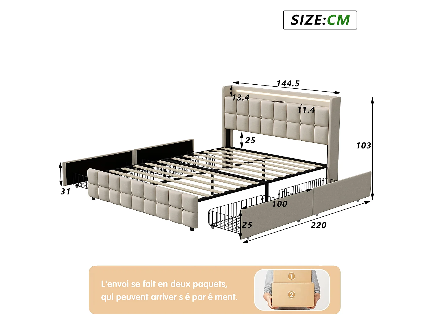 Lit capitonné 140x200 cm avec tiroirs, sommier à lattes, LED et ports USB, revêtement en tissu de lin beige