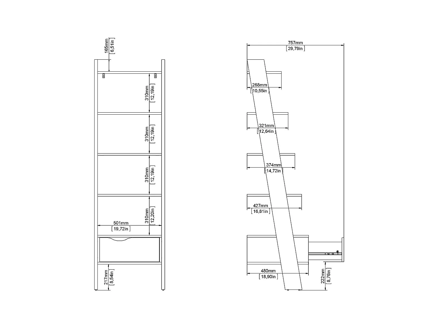 Bibliothèque 4 étagères, 1 tiroir blanc et décor chêne H180,4 cm - BILLUND