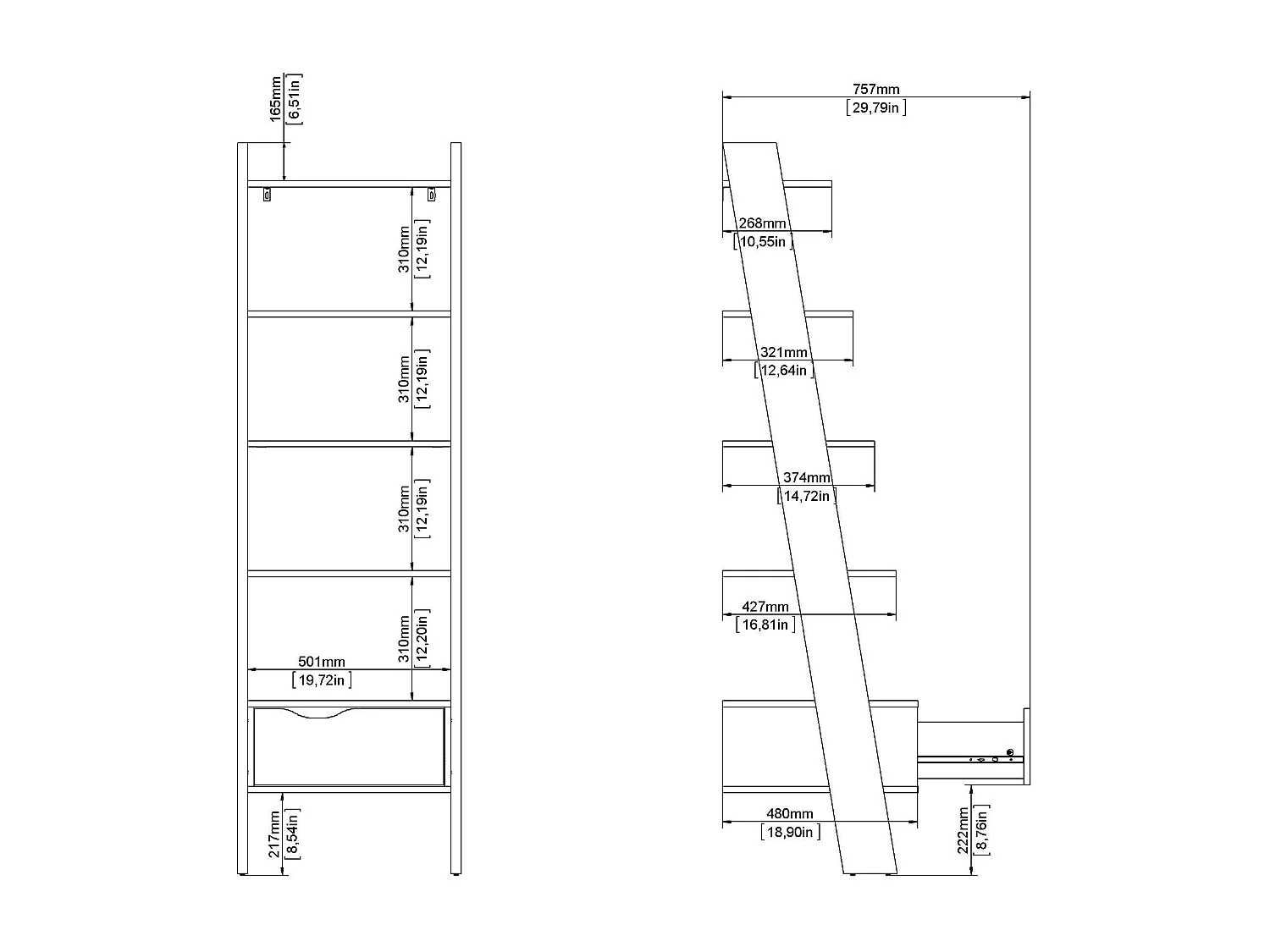 Bibliothèque 4 étagères, 1 tiroir blanc et décor chêne H180,4 cm - BILLUND